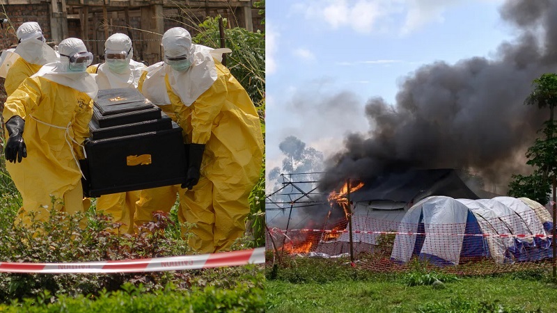 Jenazah korban Ebola yang meninggal sangat menular dan pihak berwenang perlu memastikan penguburan yang aman untuk menghentikan penyebaran virus sementara api dan asap terlihat di tenda-tenda yang terbakar di halaman Rumah Sakit Umum Rwampara, Kongo. (Ist)