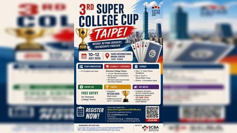 Turnamen yang diselenggarakan oleh Chinese Taipei Contract Bridge Association (CTCBA) ini akan dimainkan di Taipei International Bridge Center, salah satu pusat bridge modern di Taiwan. 