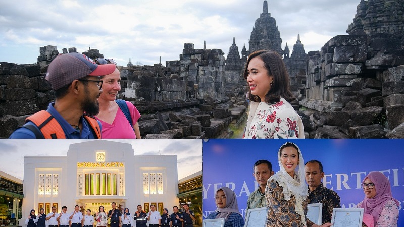 Menteri Pariwisata (Menpar) Widiyanti Putri Wardhana berbincang dengan wisatawan mancanegara saat melakukan kunjungan ke Candi Prambanan, meninjau Stasiun Tugu dan menyerahkan sertifikat halal kepada UMKM di Desa Wisata Jatimulyo, Kulon Progo, Daerah Istimewa Yogyakarta. (Kemenpar)