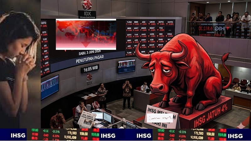 Indeks Harga Saham Gabungan (IHSG)  ambruk tak berdaya hingga anjlok 4 persen lebih  pada penutupan perdagangan, Rabu (3/6/2026), membuat Bursa Efek Indonesia (BEI) lesu apalagi selanjutnya masih rawan melemah. (AI/Ist)