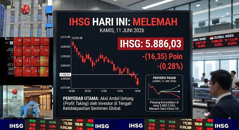 Tekanan aksi ambil untung (profit taking) membuat Indeks Harga Saham Gabungan (IHSG) di Bursa Efek Indonesia (BEI) melemah sejak pembukaan hingga penutupan perdagangan Kamis (11/6/2026). (AI/Ist)
