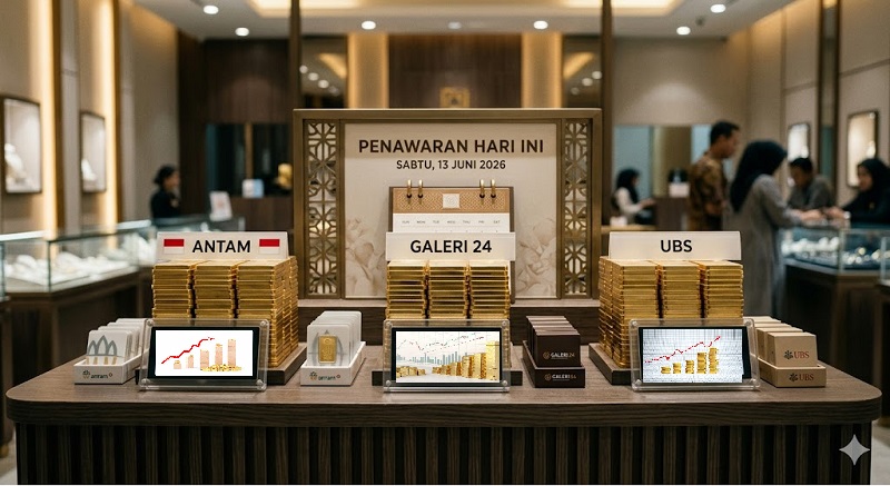 Berdasarkan data terbaru pada Sabtu (13/62026), harga emas batangan dari tiga produsen raksasa — Antam, Galeri 24, dan UBS — kompak merangkak naik secara serentak.
