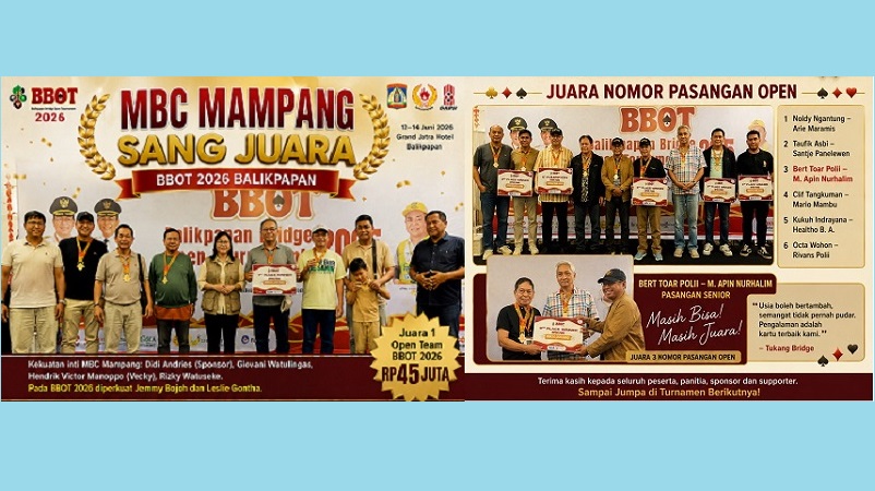 Dengan berakhirnya BBOT 2026, Balikpapan kembali membuktikan diri sebagai tuan rumah yang hangat dan mampu menyelenggarakan turnamen bridge berskala nasional dengan sukses. 