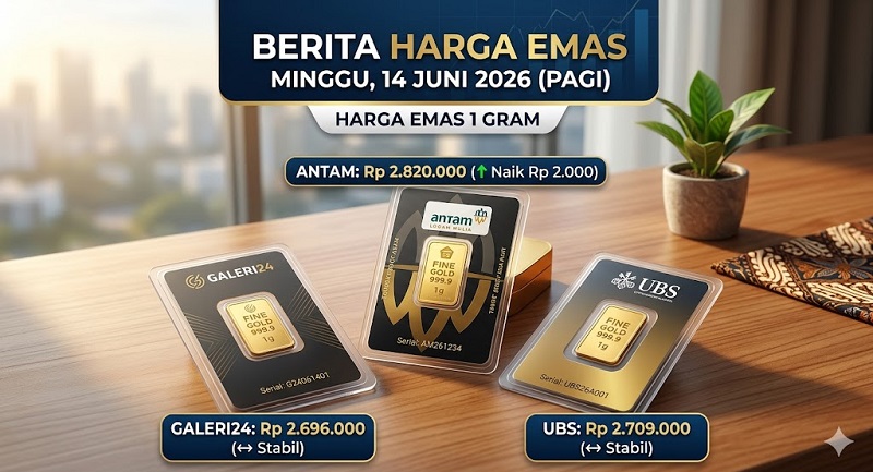 Menarik mengamati harga emas PT Aneka Tambang (Antam), Galeri24 dan UBS pada perdagangan Minggu (14/62026) karena cendrung stabil meski ada yang merangkak naik. (AI)