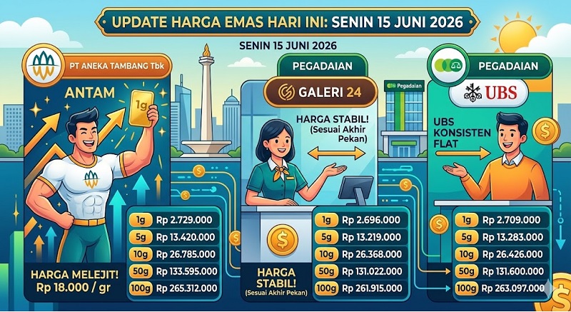 Emas PT Aneka Tambang (Antam) pada perdagangan hari ini, Senin (15/6/2026), bergerak sendirian ketika Galeri24 dan UBS sama-sama tiarap. (AI)