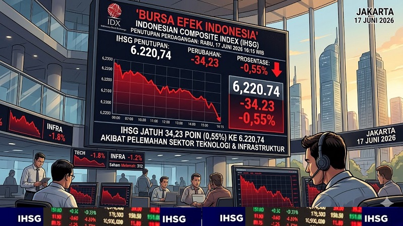 Berbeda dengan sehari sebelumnya ketika terbang menguat maka hari ini, Rabu (17/6/2026), Indeks Harga Saham Gabungan (IHSG) di Bursa Efek Indonesia (BEI) harus tergelincir anjlok melemah. (AI)