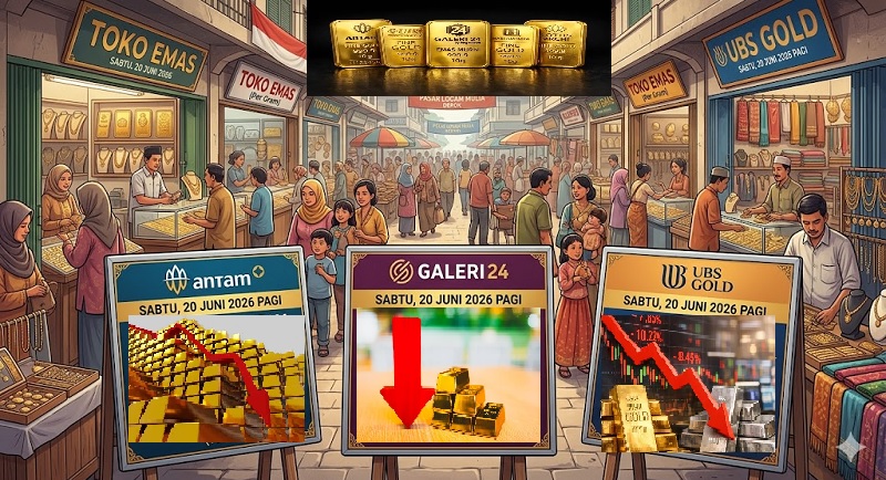 Mau serok alias borong atau tetap bertahan dengan kompaknya harga emas PT Aneka Tambang (Antam), Galeri24 dan UBS, turun pada perdagangan Jumat (20/6/2026) pagi ini. (AI/Ist)