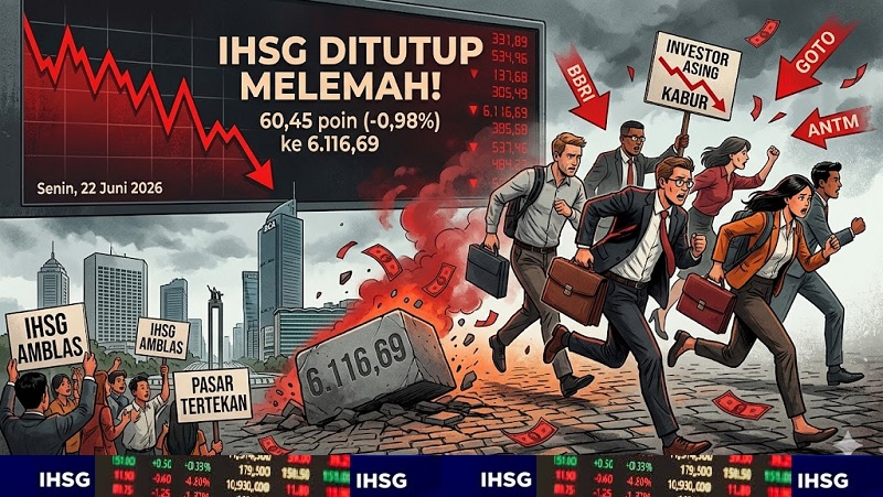 Aksi lepas saham atau net sell investor asing yang cukup masif ikut mewarnai tergelincirnya Indeks Harga Saham Gabungan (IHSG) Bursa Efek Indonesia (BEI) dari posisi menguat di pembukaan namun melemah saat penutupan perdagangan Senin (22/6/2026). (AI)