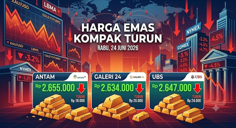 Harga Emas Rabu 24 Juni 2026: Antam, Galeri24 dan UBS Kompak Menurun