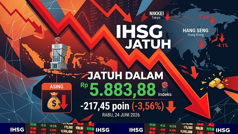 Dihantam gelombang koreksi massal pada pertengahan pekan ini, Indeks Harga Saham Gabungan (IHSG) Bursa Efek Indonesia (BEI ambruk cukup dalam pada penutupan perdagangan Rabu (24/6/2026). (AI)