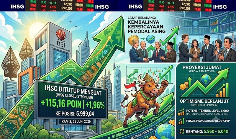 Penampilan meyakinkan Indeks Harga Saham Gabungan (IHSG) Bursa Efek Indonesia (BEI) sejak pembukaan perdagangan membuat indeks ditutup menguat signifikan Kamis (25/6/2026). (AI)