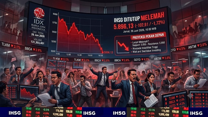 Sentimen negatif global dan regional memicu aksi ambil untung (profit taking) dan aksi jual massal oleh para investor di akhir pekan membuat Indeks Harga Saham Gabungan (IHSG)  Bursa Efek Indonesia (BEI) ditutup dengan rapor merah yang cukup dalam Jumat (26/6/2026). (AI)