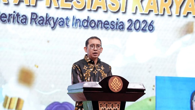Menteri Kebudayaan (Menbud) RI, Fadli Zon memberikan sambutan pada Puncak Apresiasi Karya Gala Cerita Rakyat Indonesia 2026. (Kemenbud)