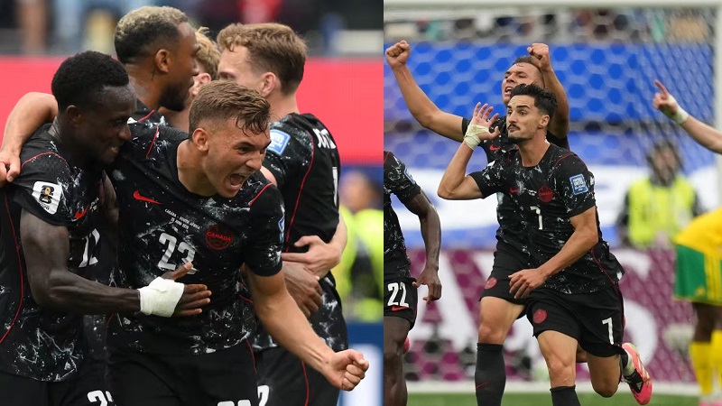 Kanada menjadi tim pertama yang lolos ke babak 16 besar Piala Dunia 2026 setelah menundukkan Afrika Selatan 1-0 melalui gol Stephen Eustaquio (no 7 kanan) di Stadion Los Angeles, Amerika Serikat, Minggu atau Senin (29/6/2026) WIB. (Ist)