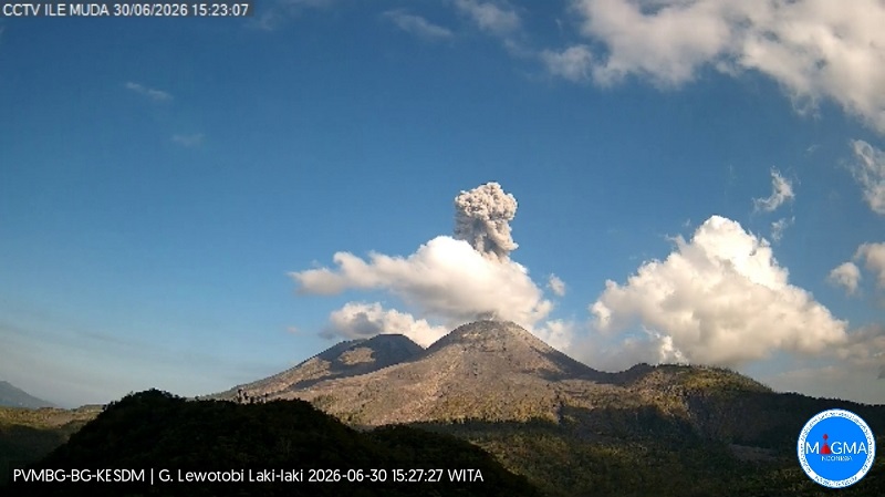 Di saat langit cerah, Selasa (30/6/2026), erupsi Gunung Lewotobi Laki-laki di Flores Timur, Nusa Tenggara Timur (NTT), pukul 15.21 Wita teramati melontarkan kolom abu setinggi 1.000 meter atau 1 km. (Magma Indonesia) 