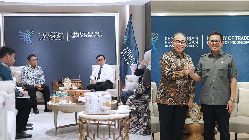 Menteri Perdagangan (Mendag), Budi Santoso (Busan) saat menerima audiensi Duta Besar RI Port Moresby, Okto Dorinus Manik dan Duta Besar RI Ottawa, Muhsin Syihab di Kantor Kementerian Perdagangan, Jakarta