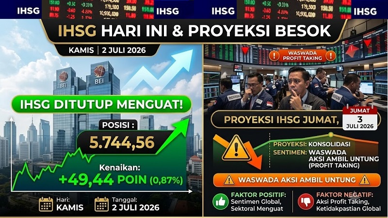 Dengan kembali menguatnya Indeks Harga Saham Gabungan (IHSG) di Bursa Efek Indonesia (BEI) pada perdagangan Kamis (2/7/2026) maka perlu diwaspadai aksi ambil untung (profit taking) untuk esok hari. (AI)