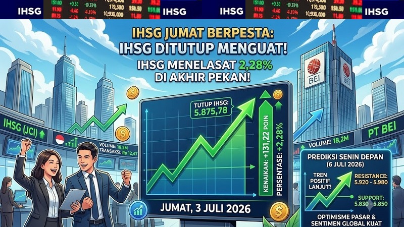 Akhir pekan yang cerah pada pasar saham dalam negeri setelah Indeks Harga Saham Gabungan (IHSG) Bursa Efek Indonesia (BEI) ditutup menguat pada perdagangan Jumat (3/7/2026).
