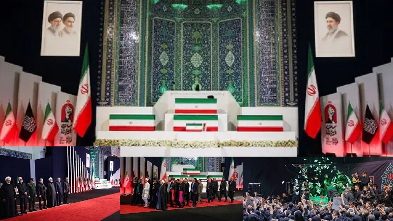 Pada hari Jumat, peti jenazah—dan peti jenazah anggota keluarga yang tewas bersamanya—disemayamkan di aula doa besar yang dibangun untuk menghormati pendahulunya, Ayatollah Ruhollah Khomeini.