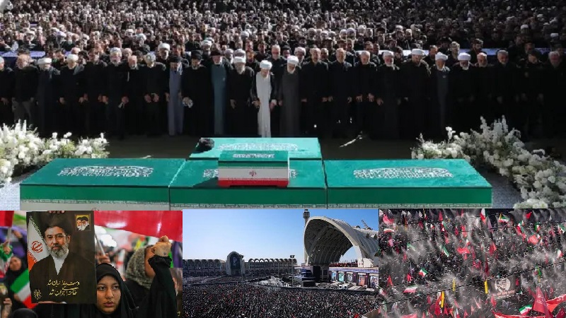 Ribuan massa menghadiri salat jenazah Ayatollah Ali Khamenei, Minggu (5/7/2026), dan menggemakan seruan balas dendam serta Matilah Amerika, Matilah Israel. (Ist)