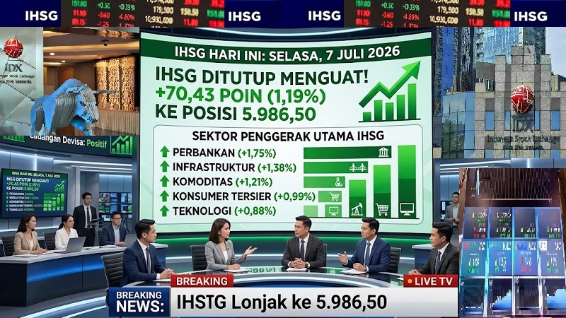 Dengan penguatan hari ini, Selasa (7/7/2026), Indeks Harga Saham Gabungan (IHSG) Bursa Efeak Indonesia (BEI) tinggal selangkah lagi untuk kembali menembus level psikologis penting di 6.000. (AI/Ist)