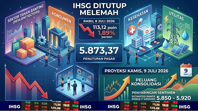 Berdasarkan data Bursa Efek Indonesia (BEI) pada Rabu (8/7/2026) sore hari ini, reli penguatan selama lima hari berturut-turut pada awal bulan, tren positif Indeks Harga Saham Gabungan (IHSG) kandas setelah melemah pada penutupan perdagangan. (AI/Ist)