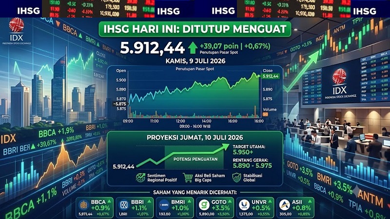 Meskipun sempat dibuka melemah namun Indeks Harga Saham Gabungan (IHSG) Bursa Efek Indonesia (BEI) berhasil bangkit untuk ditutup menguat pada perdagangan saham Kamis (9/7/2026). (AI)