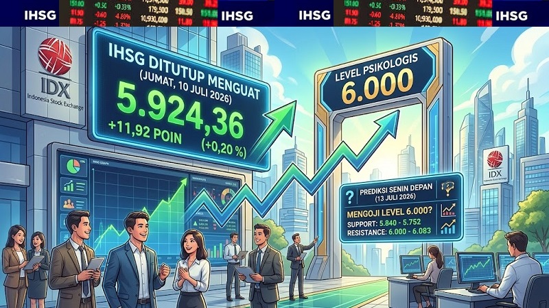 Dengan ditutup menguat Jumat (10/7/2026), Indeks Harga Saham Gabungan (IHSG) Bursa Efek Indonesia (BEI) berpotensi menguji level psikologis pada perdagangan awal pekan depan. (AI)