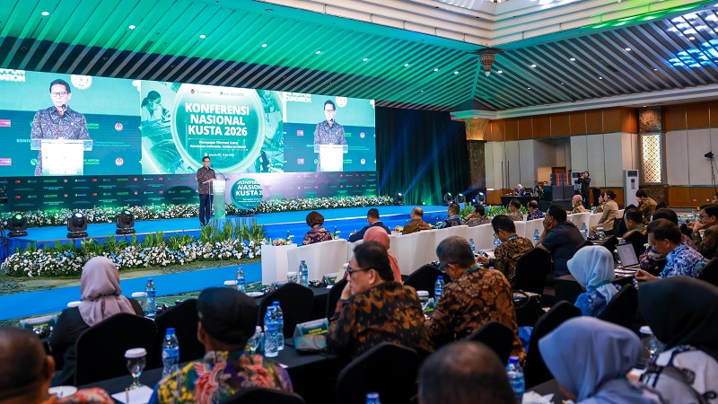 Menteri Kesehatan (Menkes) Budi Gunadi Sadikin dalam Konferensi Nasional Kusta 2026 bertema Percepatan Eliminasi Kusta: Komitmen Indonesia, Kolaborasi Global yang digelar di Hotel Grand Sahid Jaya, Jakarta, Jumat (10/7/2026).