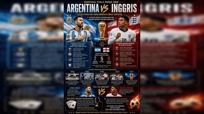 Semifinal Piala Dunia 2026, Argentina melawan Inggris, pertandingan yang membawa beban sejarah puluhan tahun, melibatkan kebanggaan bangsa, dan menyisakan cerita yang terus hidup dari satu generasi ke generasi berikutnya.