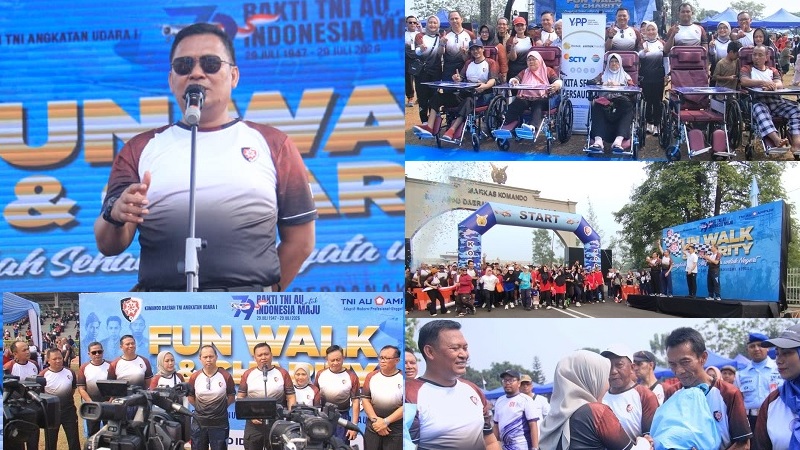 Panglima Komando Daerah TNI Angkatan Udara I (Pangkodau I), Marsekal Muda TNI Erwin Sugiandi, M.Han., memberikan keterangan kepada para awak media pada acara Fun Walk & Charity Hari Bakti Tentara Nasional Indonesia Anggkatan Udara (TNI AU) ke-79 yang digelar di Lanud Halim Perdanakusuma, Kodau I, Jakarta Timur, Sabtu (18/7/2026). (Foto: Istimewa)