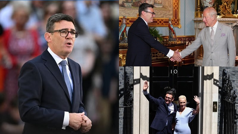 Perdana Menteri (PM) Inggris yang baru, Andy Burnham menyampaikan pidato pertamanya di halaman Kantor PM Downing Street 10 dan saat meminta restu Raja Pangeran Charles serta ketika bersama istrinya akan memasuki Downing Street No. 10. (Foto Istimewa)