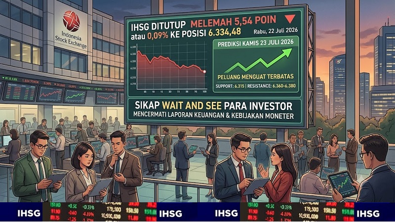 Meski sempat bergerak variatif, Indeks Harga Saham Gabungan (IHSG) Bursa Efek Indonesia (BEI) akhirnya terdorong melemah tipis dalam penutupan perdagangan Rabu (22/7/2026), seiring sikap wait and see para investor. (Foto: AI)