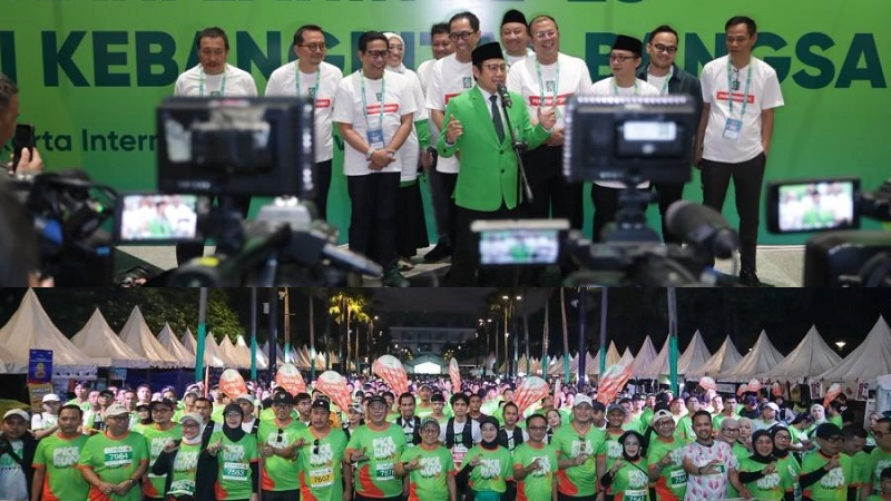 Ketua Umum Partai Kebangkitan Bangsa (PKB), Abdul Muhaimin Iskandar atau Gus Muhaimin saat memberikan keterangan kepada awak media dan melepas 7.500 peserta PKB Run 2026 di kawasan Gelora Bung Karno (GBK), Senayan, Jakarta, Minggu (26/7/2026). (Foto: PKBNews)