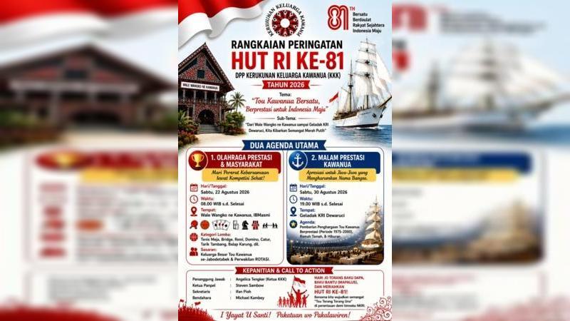 Rangkaian kegiatan akan mencapai puncaknya pada 30 Agustus 2026 melalui penyelenggaraan Malam Prestasi Kawanua yang akan dilaksanakan di Geladak KRI Dewaruci.