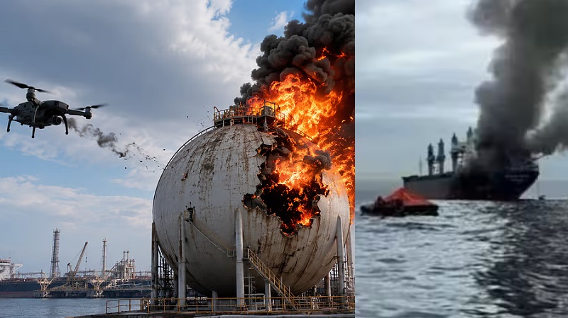 Serangan drone yang ditampilkan melalui gambar AI dan pososi tanker penyimpanj gas Amerika Serikat yang terbakar hebat setelah dihantam pesawat tak berawak di pelabuhan Damietta, Mesir, di Laut Mediterania, Rabu (29/7/2026). (Foto: Istimewa)