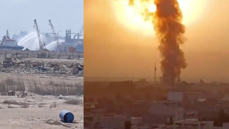 Asap mengepul ke angkasa dan petugas kerja keras menyemprotkan air untuk mematikan api pada kebakaran di sebuah tanker akibat serangan drone di pelabuhan Damietta, Mesir, di Laut Mediterania. (Foto: Istimewa)