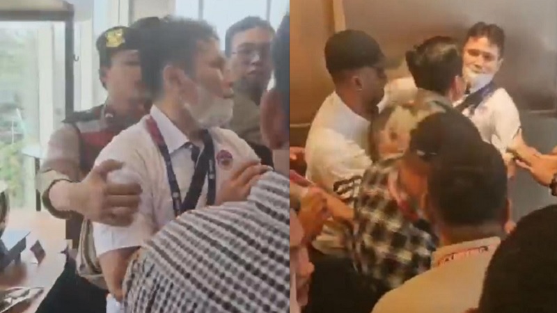 Salah satu pendiri sekaligus panitia, Youne Victorio Senduk (berpakaian kemeja putih) yang berniat baik untuk meredakan suasana justru menjadi korban pengeroyokan saat terjadi keributan di luar tempat Musyawarah Nasional (Munas) Kickboxing di Kebon Jeruk, Jakarta Barat, Selasa (28/7/2026). (Foto: Istimewa)