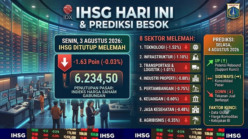 Meski sempat dibuka menguat namun tekanan jual di penghujung sesi II membuat Indeks Harga Saham Gabungan (IHSG) Bursa Efek Indonesia (BEI) pada perdagangan Senin (3/8/2026). (Foto: Istimewa)