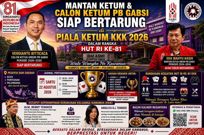 Kehadiran Mantan Ketum & Calon Ketum PB GABSI tersebut menambah gengsi turnamen Turnamen Bridge Pasangan memperebutkan Piala Ketua Umum Kerukunan Keluarga Kawanua (KKK) dalam rangka Hari Ulang Tahun ke-81 Republik Indonesia yang memang dirancang sebagai ajang silaturahmi sekaligus kompetisi berkualitas. (Foto: Istimewa)