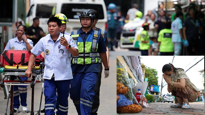 Kesibukan petugas kesehatan dan polisi saat aksi penembakan brutal terjadi di sekolah provinsi Nonthaburi, utara ibu kota Thailand, Bangkok, pada hari Jumat dan seorang warga berdoa untuk para korban yang meninggal dunia. (Foto: Istimewa)