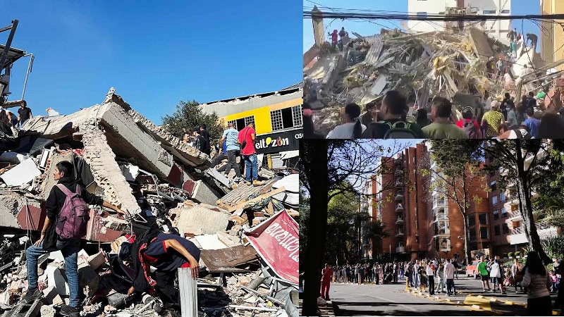 Petugas penyelamat dan masyarakat berjuang mencari para korban yang tertimpa reruntuhan bangunan dan masyarakat menyelamatkan diri ke jalan raya setelah gempa dahsyat berkekuatan magnitude (M) 7,4 melanda bagian barat Kolombia, Senin (10/8/2026). (Foto: Istimewa)