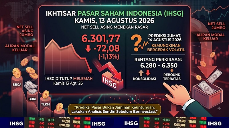 Sebenarnya Indeks Harga Saham Gabungan (IHSG) Bursa Efek Indonesia mengawali perdagangan Kamis (13/8/2026) dengan menguat namun kemudian  terpeleset tertekan aksi jual meluas sehingga ditutup melemah. (Foto: AI)
