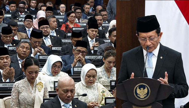 Menteri Agama (Menag) Nasaruddin Umar memimpin doa dalam Sidang Tahunan MPR dan Sidang Bersama DPR - DPD RI dalam rangka memperingati HUT ke-81 Kemerdekaan Republik Indonesia Tahun 2026 di Gedung DPR RI, Jakarta, Jumat (14/8/2026). (Foto: Kemenag)
