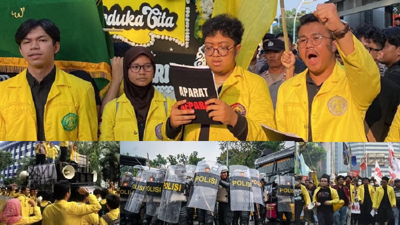 Aksi unjuk rasa mahasiswa yang menyampaikan delapan (8) tuntutan digelar di Jakarta, sehari setelah peringatan Hari Kemerdekaan, Selasa (18/8/2026), dihadang aparat. (Foto: Istimewa)