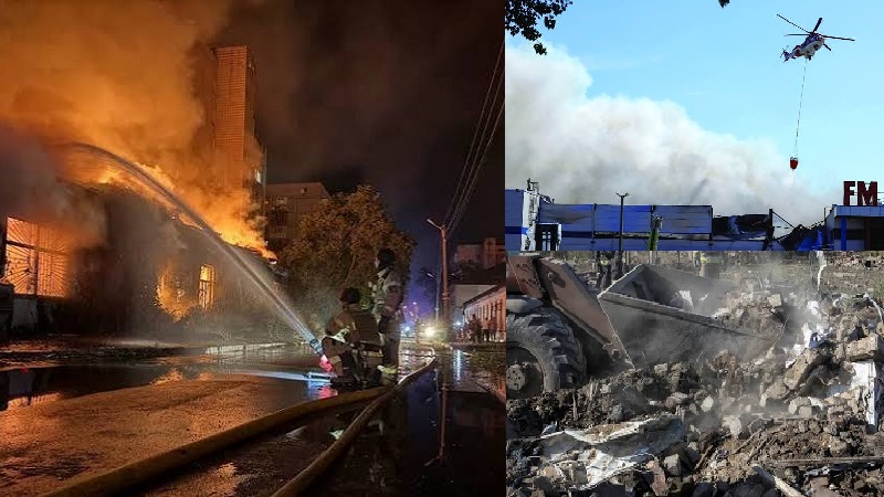 Kebakaran hebat dan kehancuran melanda ibukota Ukraina, Kiev, setelah diserang besar-besaran oleh Rusia sepanjang Kamis (20/8/2026). (Foto: Istimewa)