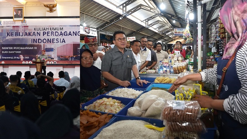 Menteri Perdagangan (Mendag) Budi Santoso (Busan), saat memberikan kuliah umum Universitas Dr. Soekardjo (UNIDSOE) dan memantau harga dan ketersediaan bapok di Pasar Rogojampi, Banyuwangi, Jawa Timur. (Foto: Kemendag)