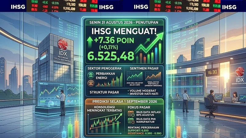 Di akhir bulan Agustus, Senin (31/8/2026), Indeks Harga Saham Gabungan (IHSG) Bursa Efek Indonesia (BEI) dari posisi melemah mampu rebound menjadi menguat pada penutupan perdagangan. (Foto: Gemini AI)