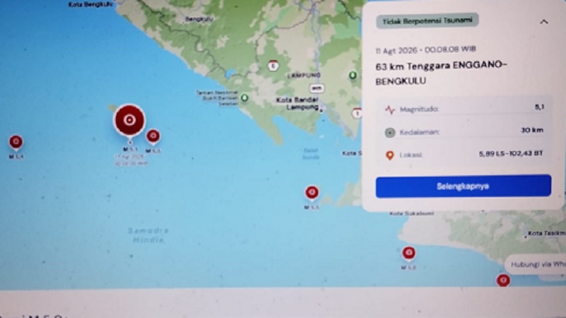 Gempa Bumi Tektonik M5,1 Landa Pantai Barat Sumatera Bengkulu, Tidak Berpotensi Tsunami