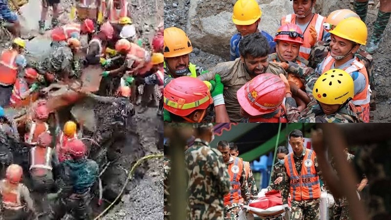 Dua pekerja berhasil diselamatkan hidup-hidup dari terowongan pembangkit listrik tenaga air (PLTA) yang terjebak selama lebih dari dua minggu setelah banjir bandang melanda wilayah Himalaya, Nepal. (Foto: Istimewa)